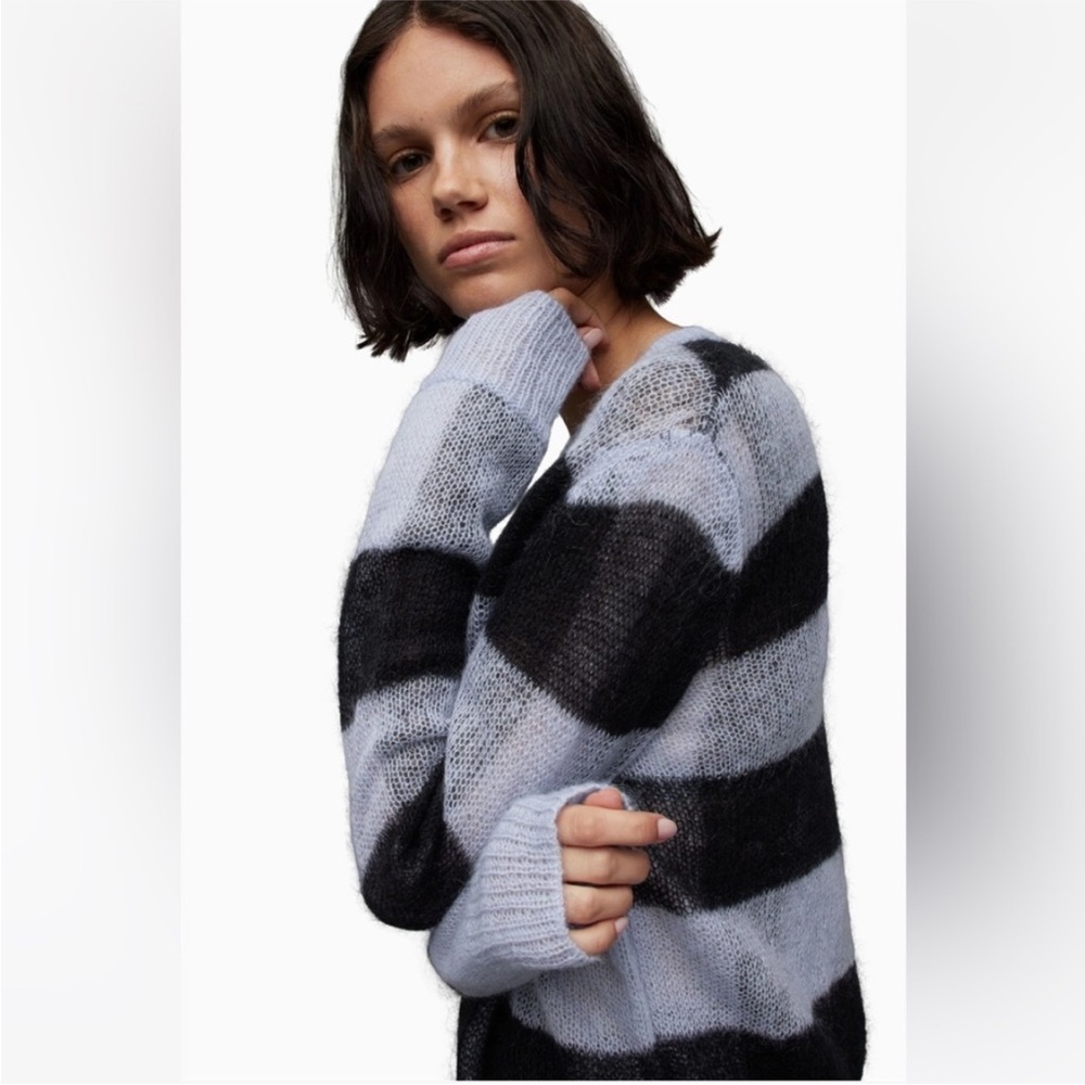 All Saints Renee Mohair Crewneck Sweater Blue Black Checkered - Picture 5 of 7